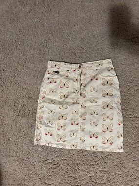 White Butterfly Print Mini Skirt with Red Accent Details